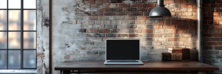 A sleek laptop rests on a wooden desk in a cozy loft, surrounded by exposed brick walls and illuminated by soft light.の素材