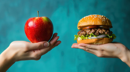 One hand showcases a vibrant apple, while the other displays a hamburger, illustrating the contrast between healthy and unhealthy food options.の素材