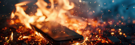 A smartphone ignites and burns with flames and sparks, indicating a severe battery overheating issue during charging.の素材