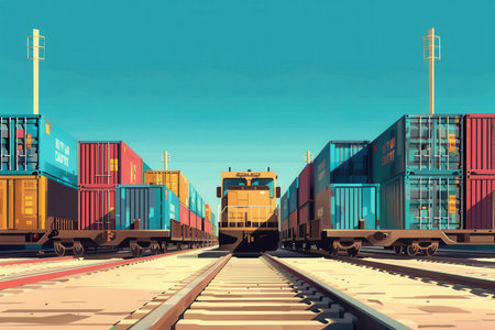 The activity involves loading colorful shipping containers onto a train, illustrating the connection between road and rail transport efficiently.の素材
