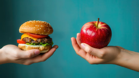 One hand presents a fresh, juicy apple while the other offers a colorful hamburger, illustrating a diet choice between health and indulgence.の素材