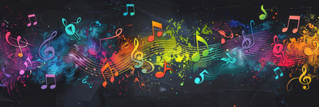 A chalkboard displays a creative blend of colorful brushstrokes and musical notes, capturing the spirit of artistic expression in the classroom.の素材