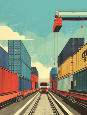 A crane lifts shipping containers onto a train, highlighting swift operations at a logistics center blending different transport modes.の素材