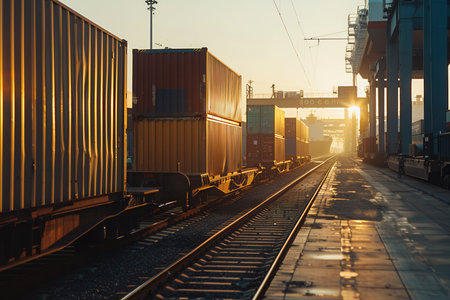 Containers are being loaded from trucks onto trains at a busy transport hub in the evening light.の素材