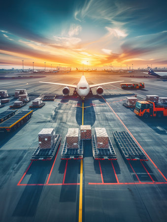 A cargo airplane awaits loading on the runway, surrounded by equipment and illuminated by a stunning sunset in the background.の素材