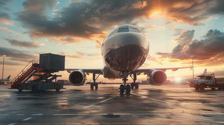 A cargo airplane is positioned on the runway at sunset, surrounded by loading equipment actively engaged in cargo operations.の素材