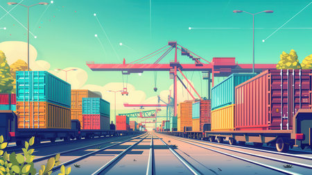 Containers are being transferred from a truck to a train, highlighting the seamless movement of goods at a busy freight terminal.の素材