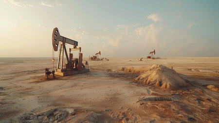 Drilling derricks extract crude oil from the ground in a barren desert oilfield at sunset, showcasing industrial operations in nature.の素材