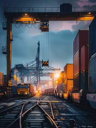 Containers are being efficiently loaded from a truck onto a train, showcasing modern transport integration in a twilight setting.の素材