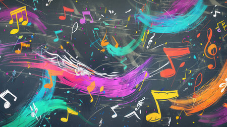 Dynamic brushstrokes blend with musical notes on a chalkboard, creating a lively artistic representation of music and creativity.の素材
