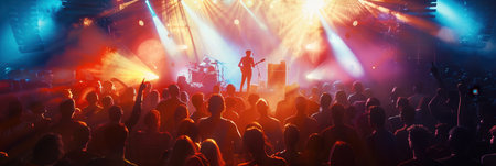 The audience is captivated as musicians play under dazzling lights, creating an electrifying atmosphere filled with excitement and energy.の素材
