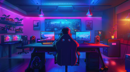 Gamers immerse themselves in the lively atmosphere of a modern gaming club, enjoying consoles and computers in the evening.の素材