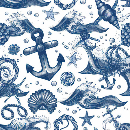 A vibrant design showcases seashells, waves, and anchors, creating a nautical theme perfect for ocean-inspired decor.の素材