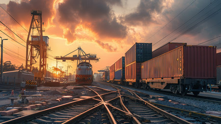 Containers are being efficiently transferred from a truck to a train at a transport terminal during a stunning sunset.の素材