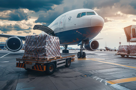 A cargo airplane is parked on the runway, being loaded and unloaded with containers as airport equipment surrounds it during twilight hours.の素材