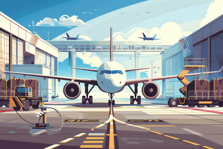 A cargo airplane stands ready on the runway as ground crew surrounds it with loading and unloading equipment, preparing for transport.の素材