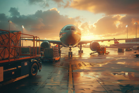 A cargo airplane sits on the runway at sunset, surrounded by loading and unloading equipment preparing for the next flight.の素材