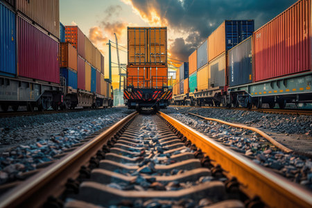 Containers are being loaded from a truck onto a train at a transport hub with a dramatic sunset in the background enhancing the scene.の素材