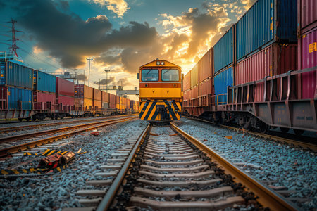 Cargo containers are being loaded onto a train in a freight yard at sunset, highlighting the synergy of transport methods.の素材
