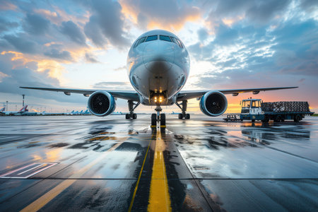 A cargo airplane stands on the runway as loading equipment moves around at sunset, preparing for its next flight.の素材