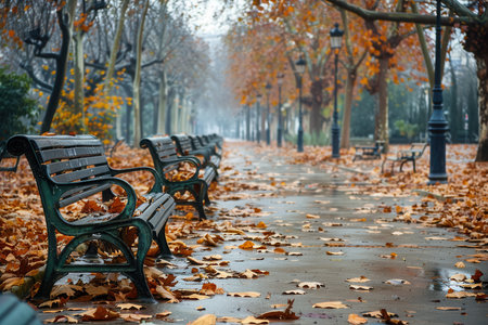 Pathways in an urban park are blanketed with fallen leaves, while benches invite visitors to relax in the serene autumn atmosphere.の素材