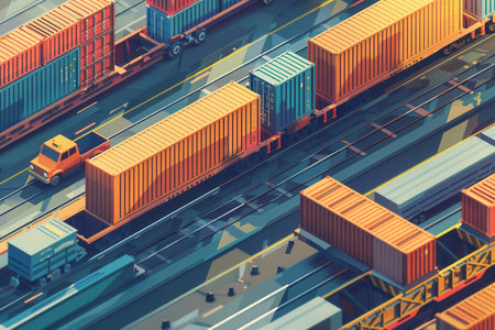 Containers are transferred from a truck to a train at a logistics hub, emphasizing seamless transportation connections during daytime operations.の素材
