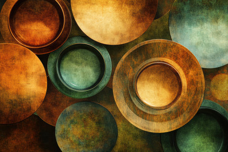 Circular tea cups in warm brown and green tones are beautifully arranged, creating a cozy atmosphere perfect for a tea gathering.の素材