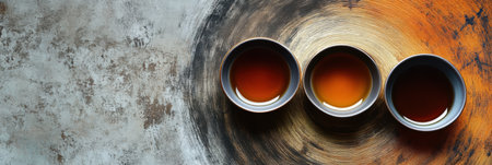 Three small bowls of tea create graceful swirls against a backdrop of soft, muted natural hues, offering a peaceful visual experience.の素材