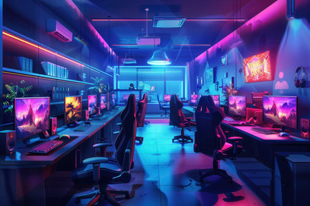 Gamers are engaged in competitive play inside a sleek gaming club, surrounded by high-tech consoles and computer setups under neon lights.の素材