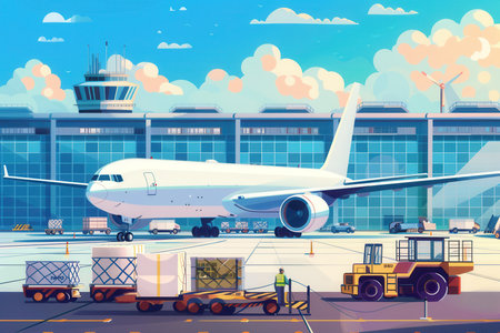 A large cargo airplane is positioned on the runway, surrounded by equipment for loading and unloading freight during daylight.の素材