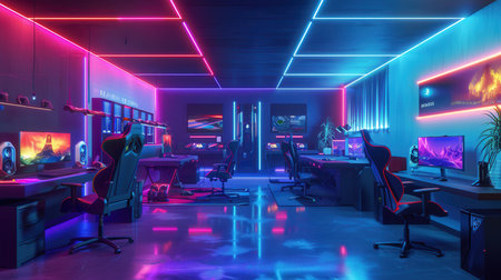In a vibrant gaming club, gamers engage with consoles and computers, surrounded by colorful lights and a lively atmosphere at night.の素材