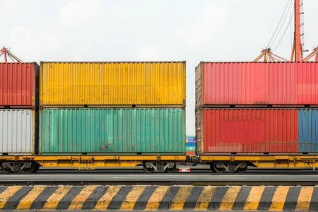 Containers are being loaded from a truck to a train platform, highlighting the integration of various transportation methods for goods.の素材