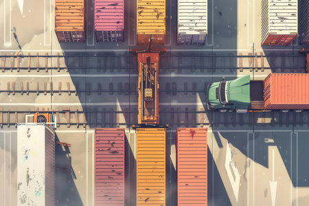 Containers are being loaded from a truck onto rail tracks at a freight terminal, highlighting efficient transportation methods in logistics.の素材