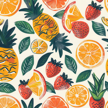An artistic display of various tropical fruits, including pineapples, strawberries, and citrus slices, showcases vibrant colors and textures.の素材