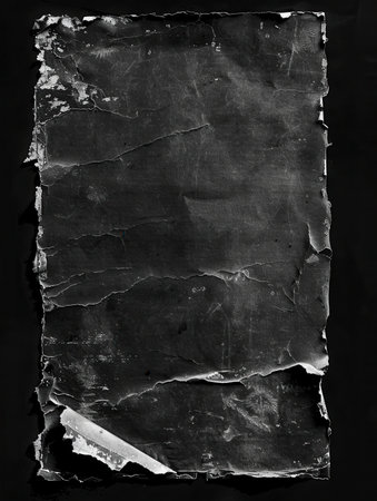 An aged, black cardboard photo card displays extensive damage and wear, highlighting its vintage character against a dark backdrop.の素材
