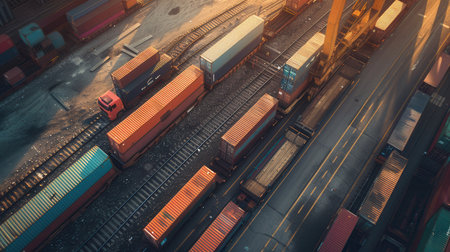 Containers are being transferred from a truck onto a train at a freight terminal, highlighting efficient intermodal transport processes.の素材