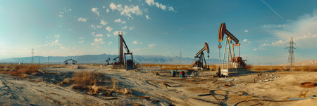 Oil drilling derricks operate in a desert oilfield, extracting crude oil amidst a vast landscape under a clear sky.の素材