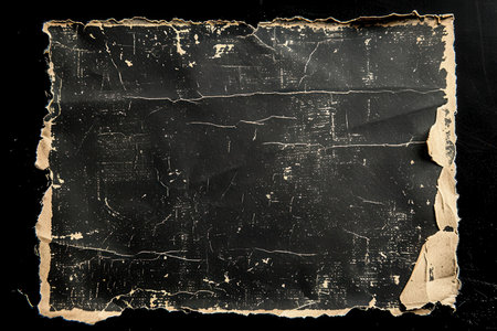 This aged cardboard shows significant wear, featuring tears and a faded appearance, set against a stark black background.の素材