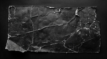 An aged and worn black cardboard card, showing signs of damage and decay, is displayed against a dark backdrop for emphasis.の素材