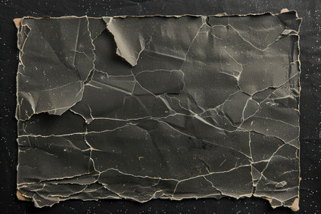 An old, empty, and damaged cardboard photo card displays its faded and crinkled surface against a black background.の素材