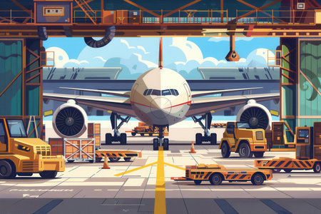 A large cargo airplane is on the runway, being loaded and unloaded with various equipment in use under sunny skies.の素材