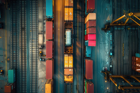 Containers are being efficiently loaded from a truck onto a train at a major transport facility, highlighting integrated logistics.の素材