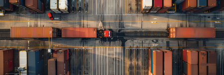 Containers are being transferred from a nearby truck onto a train at a freight terminal, showcasing transportation integration.の素材