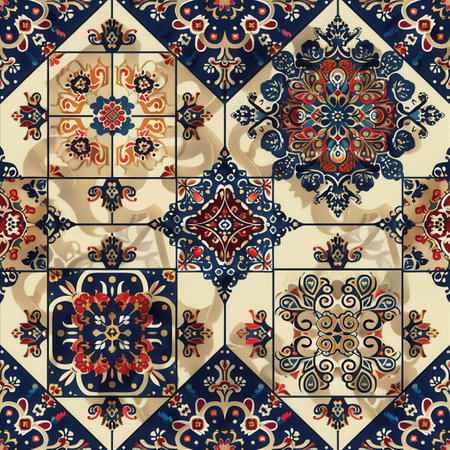 The artwork showcases a vibrant textile pattern with detailed floral motifs and geometric shapes, highlighting rich colors and intricate design.の素材