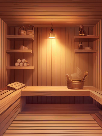 Step into a traditional wooden sauna featuring warm lighting, benches, and shelves, inviting relaxation and tranquility.の素材