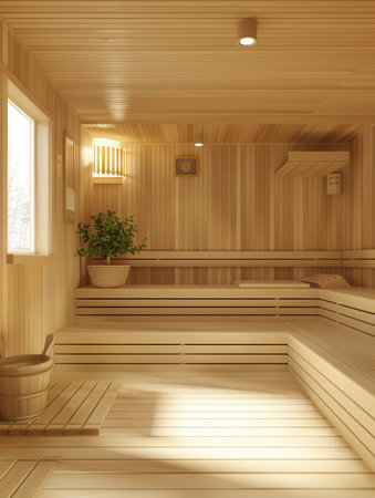 Warm wooden interiors create a tranquil environment in a traditional sauna, perfect for relaxation and wellness during any season.の素材