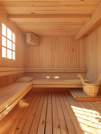 The wooden sauna features warm lighting, smooth benches, and a wooden bucket, inviting relaxation and a soothing atmosphere.の素材
