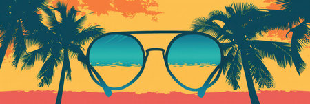 Sunglasses stand out as silhouettes against a colorful beach sunset filled with palm trees, evoking summer and leisure.の素材