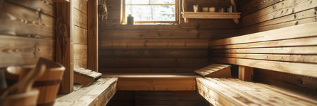 Enjoy a peaceful atmosphere in a traditional wooden sauna featuring rustic benches, warm wood tones, and soft natural light.の素材