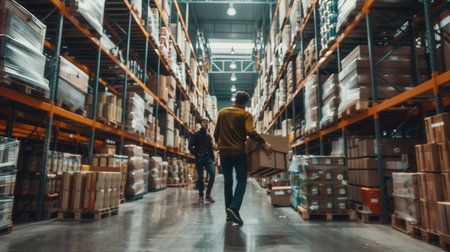 Two workers carry boxes and navigate aisles in a bustling warehouse stacked with various goods on pallets.の素材